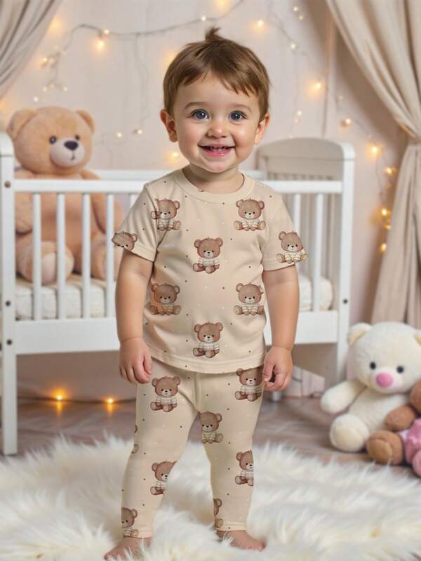 SHEIN Baby Boy Casual Cartoon Bear & Polka Dot Pattern Fitted Crew Neck Short Sleeve Top & Pants Pajama Set, Snug Fit, Suitable For Spring/Summer