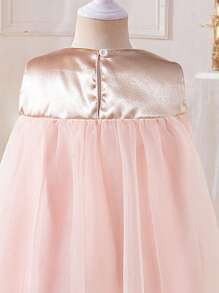 Vestido sem mangas com decote redondo para meninas com laço e emenda de tecido de malha. É uma novidade para a primavera, outono e verão, apresentando um estilo moderno, elegante, doce, fofo e feminino. - Rosa - Ver 3