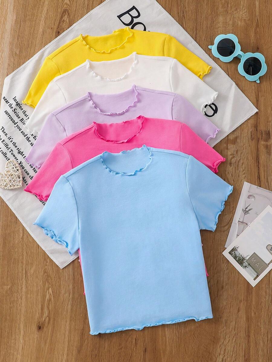 SHEIN Leap Crew 5pcs Young Girl Knit Solid Color Ruffle Collar Fitted T-Shirt Set - Multicolor - View 1