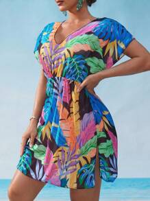 SHEIN VCAY Vestido de cobertura casual de manga corta con cuello en V estilo hawaiano para mujeres, conjunto de moda minimalista adecuado para el verano - Multicolor - Ver 3