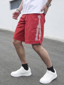 Manfinity Homme Men's Casual Red Embroidered Athletic Denim Shorts - Red - View 8