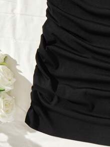 One-Shoulder Asymmetric Side Pleated Fitted Mini Dress, Elegant For Commuting & Party - Black - View 4