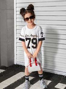 Wildeya Mädchen American Street Style Lässiges Baseball-Team gestreiftes Ziffern-Muster Rundhals Kurzarm Kurzes Kleid