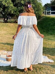 Flirla Plus Size Women Elegant Off Shoulder Ruffled Waist A-Line Midi Lace Dress, Spring/Summer - Multicolor - View 2