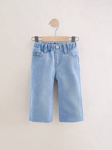 DENIMLY Baby GIRL Casual Simple Daily Must Have Spring Summer Cool Max Cotton Cropped Wide Leg Jeans, Elastic Waistband, Classic And Basic. - Light Wash - View 1