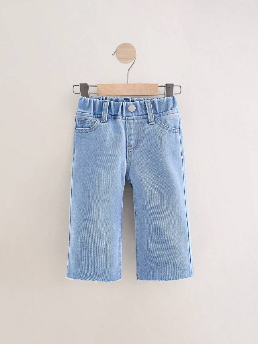 DENIMLY Baby GIRL Casual Simple Daily Must Have Spring Summer Cool Max Cotton Cropped Wide Leg Jeans, Elastic Waistband, Classic And Basic. - Light Wash - View 1