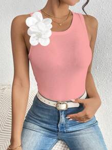 Chiquease Women 3D Floral Decor Round Neck Fitted Camisole - Pink - View 3