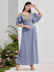Al Najma Women's Turkish Abaya & Arabic Traditional Maxi Dress Kaftan Jalabiya Dress - Blue - View 3