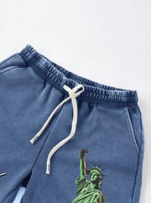 ROMWE MEN Street Life Men's Boxy Fit T-Shirt Set (Washed T-Shirt + Washed Shorts) - Blue - View 7