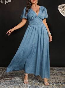 SHEIN Belle Plus Size Women Ruffle Waist Sheer Lace Trim Ruffled Sleeve Elegant Long Dress - Dusty Blue - View 3