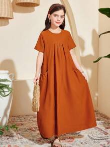 SHEIN Tween Mädchen einfarbiges, strukturiertes Stoffkleid mit kurzen Ärmeln und lockerer A-Linie und Taschen, langes Kleid
