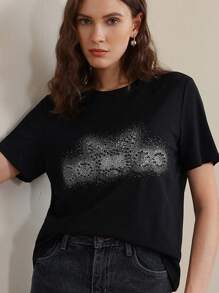 Anewsta Women's Elegant Fitted Butterfly Rhinestone Letter Print Black T-Shirt Top, Casual Festival, Vacation, Spring, Summer - Black - View 1