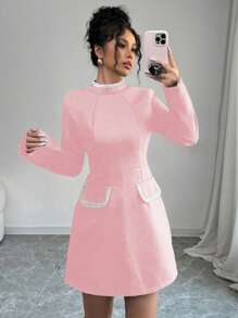 Elenzga 女式立领仿珍珠装饰口袋缀饰短款连衣裙