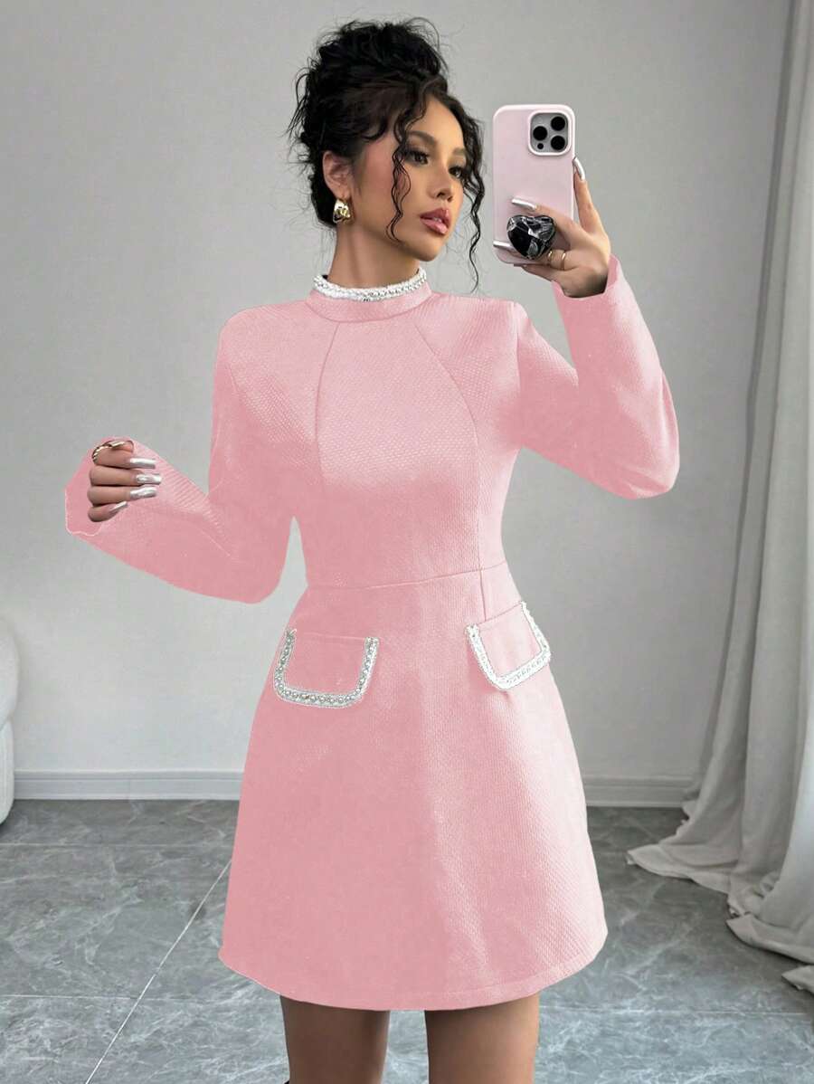Elenzga 女式立领仿珍珠装饰口袋缀饰短款连衣裙