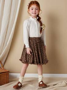 Blossori 年轻女孩法式优雅卡其色和黑色花卉植绒网眼中长裙，春夏 - 彩色 - 查看 2