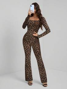 SHEIN Tall Women's Autumn Leopard Print Square Neck Long Sleeve Flared Fashion Jumpsuit