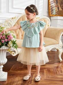 SHEIN 年轻女孩宽松衬衫，带 3D 花朵装饰、圆领和荷叶边 - 薄荷綠 - 查看 4