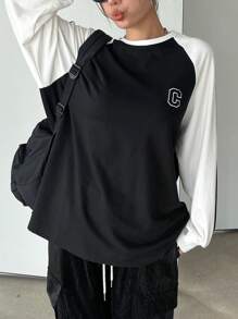 DAZY Two Tone Letter Graphic Raglan Sleeve Tee Jersey Long Sleeve Women Tops - Black and White - View 5