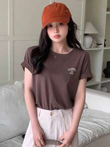 DAZY Letter Printed Short Sleeve T-Shirt - Coffee Brown - View 4