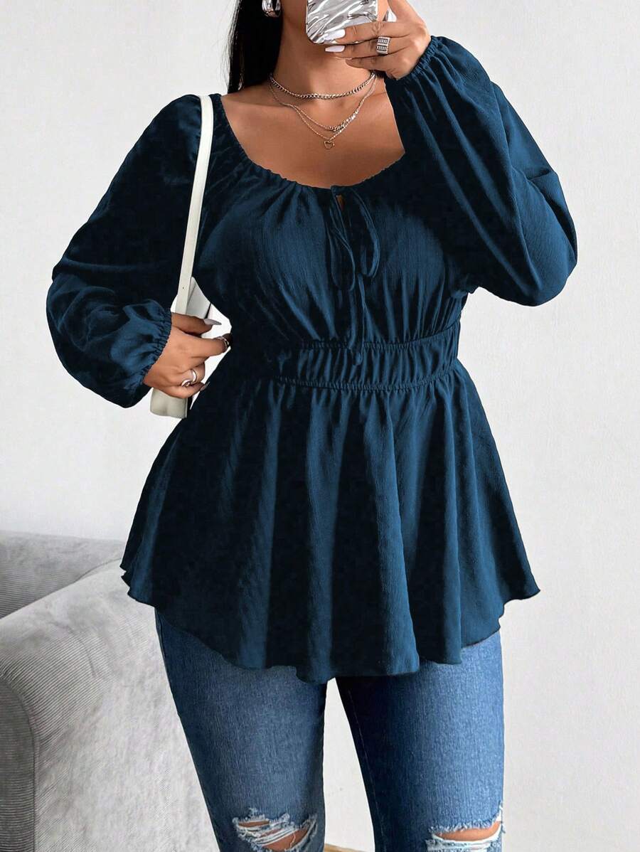 Vibekara 大码抽绳和松紧腰部正面纽扣长袖衬衫荷叶边上衣 - 藏蓝色 - 查看 1