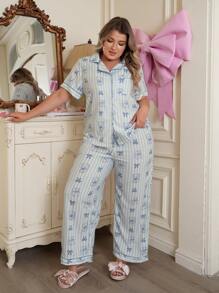 Conjunto de pijama de talla grande con estampado de rayas y moño de gato - Multicolor - Ver 5