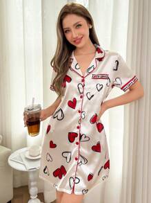 Dream Adore Allover Print Heart Patterned Open Front Women's Nightgown Babydoll In Faux Silk Luxe Loungewear, Vacation