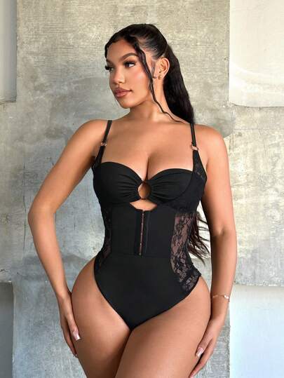 SHEIN SXY Women Sexy Side Contrast Lace Ruffle Round Ring Attached Cami Bodysuit,Gyaru,Streetwear Women,Going Out,Corset ,Club Outfits Women Sexy,Lace,Y2K