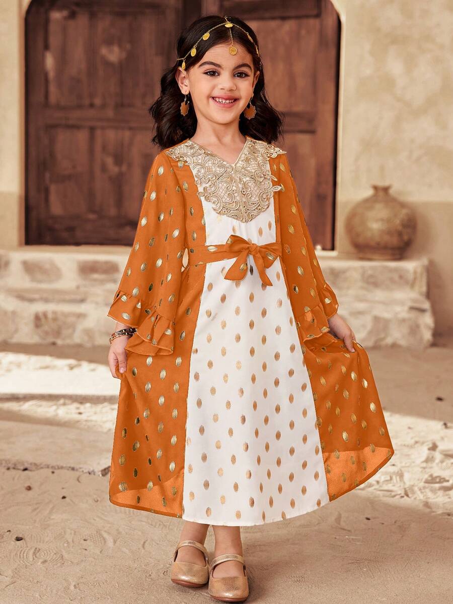 SHEIN Young Girl Woven Color Block V-Neck Snug Fit Dress