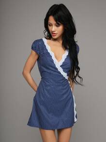 TRNVIE Neuer Frühlingsstil Vintage Französisch Damen V-Ausschnitt Spitzen Rüschen Polka Dot Muster Wickel Vorne Lässiges Straßen Mini Kleid