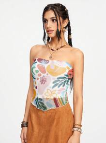H3IDI Women Floral Artistic Pattern Fitted Tube Top - Multicolor - View 6