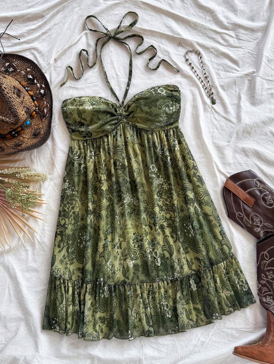 Soleia 女士夏季西部风波西米亚度假佩斯利印花连衣裙、音乐会狂欢节巡游服装、生日礼服、前抽绳露背后系带 A 字褶边迷你夏威夷连衣裙、音乐节服装 - 彩色 - 查看 1