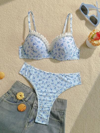SHEIN Swim 春假女士沙滩装夏季套装，浅蓝色花卉印花聚拢比基尼套装，适合海滩度假、节日波西米亚风
