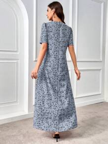 Al Najma Abito stile arabo da donna con scollo tondo, maniche corte a sbuffo e design a fiori minuti, vestibilità morbida