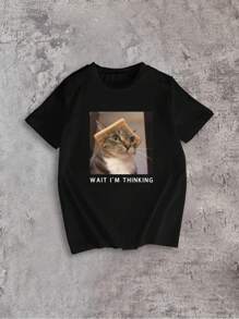 Sparklyn Tween Girl "Wait I'm Thinking" 3D Cat Print Round Neck Short Sleeve Funny Graphic T-Shirt