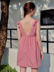 女士春季格子 V 领打结无袖时尚迷你连衣裙