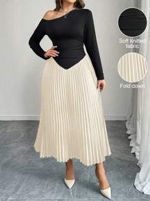 Celure Plus Size Asymmetric Collar Shoulder Pleat Patchwork Hem Elegant Party Dress, Suitable For Valentine's Day Maxi Women Outfit