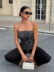 SHEIN Essnce Áo Bandeau kẻ sọc đi làm thường ngày - Xám - Xem 7