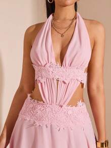 SHEIN BAE Vestido largo de línea A con escote en V profundo y volantes en el bajo, estilo sexy y dulce para vacaciones y resorts, adecuado para damas de honor y galas