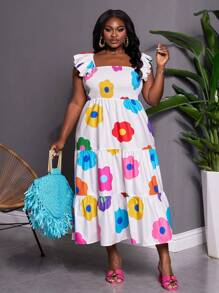 SHEIN CURVE+ 大码假日休闲印花连衣裙波西米亚风度假 - 彩色 - 查看 3