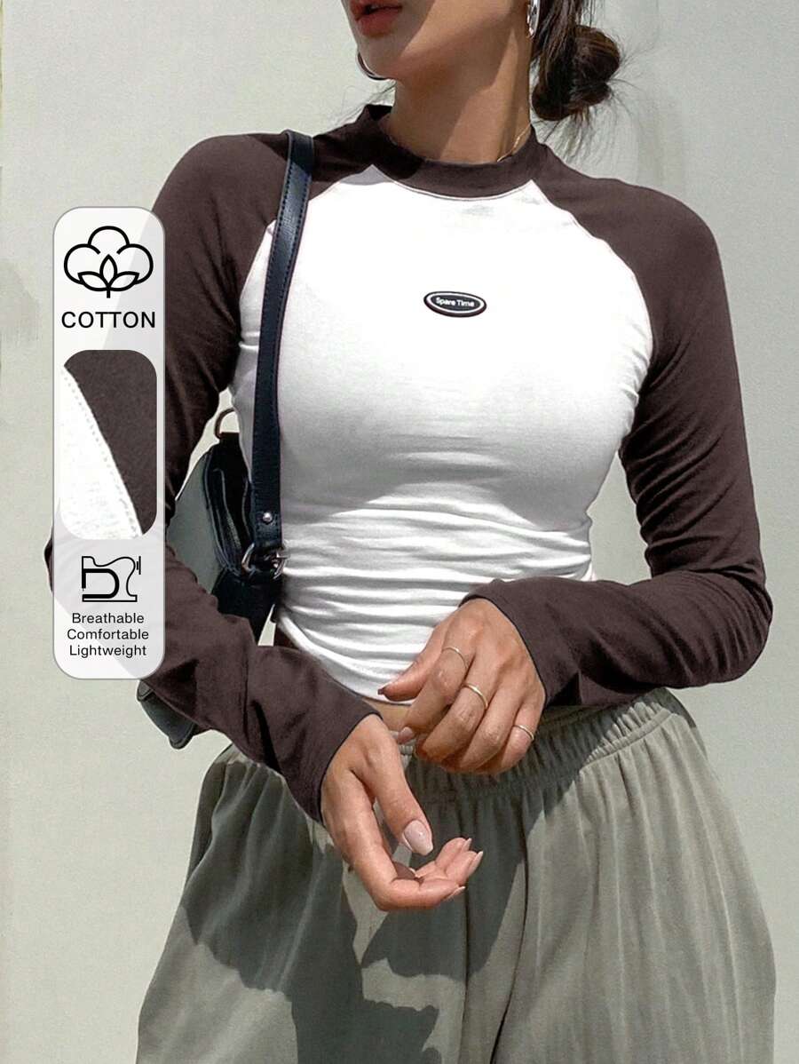 DAZY 女式撞色字母印花插肩长袖 T 恤，春夏