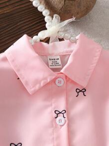 SHEIN 女婴休闲可爱全印花领黑色蝴蝶衬衫和褶皱迷你裙套装，夏季