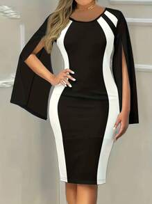 大码女式纯色拼接圆领长袖紧身连衣裙