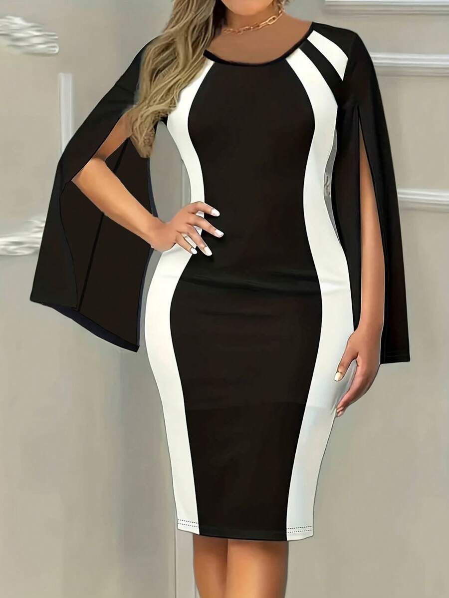 大码女式纯色拼接圆领长袖紧身连衣裙