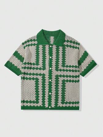 Street Life Men's Contrast Color Geometric Hollow Out Knit Sweater, Vacation