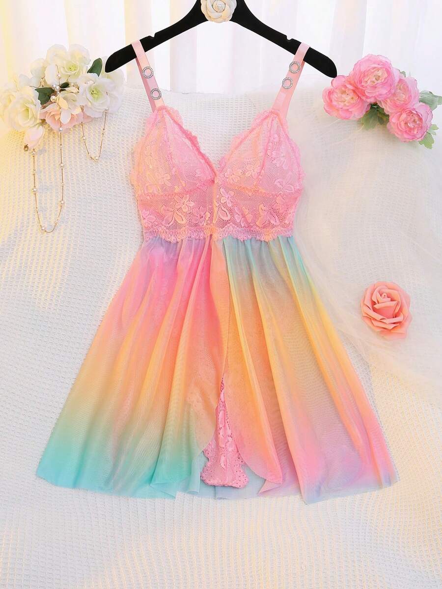 1pc Plus Size Sexy Lace Contrast Mesh Bodysuit - Multicolor - View 1