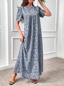 Al Najma Abito stile arabo da donna con scollo tondo, maniche corte a sbuffo e design a fiori minuti, vestibilità morbida