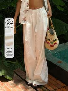 Livesso Women Fashionable Solid Loose Elastic Waist Wide Leg Long Pants