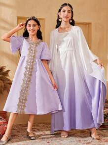 SHEIN Leap Crew 少女梭织渐变色长款外套和连衣裙休闲两件套 - 淡紫色 - 查看 5