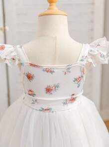 SHEIN Glamorique Kids Vestido de fiesta de manga de tul con estampado floral de rosa para niña bebé