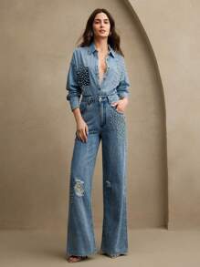 Anewsta Sparkling Party New Women's Valentine's Day/Mother's Day Heavily Embellished Diamond Denim Shirt, Blue - Blue - View 4